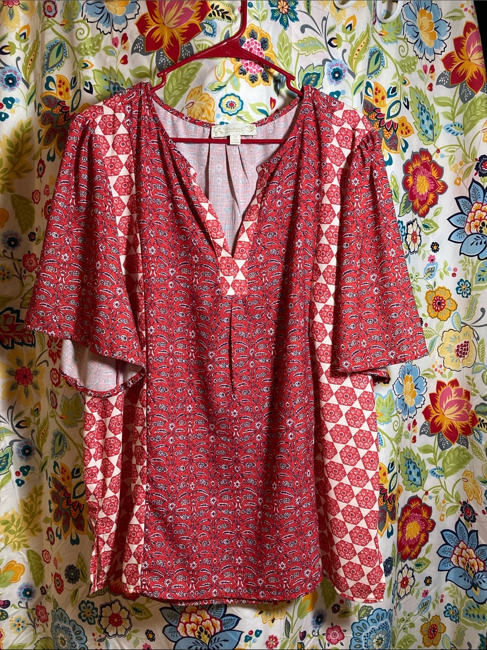 Bohemian Red Printed V-Neck Women's Blouse